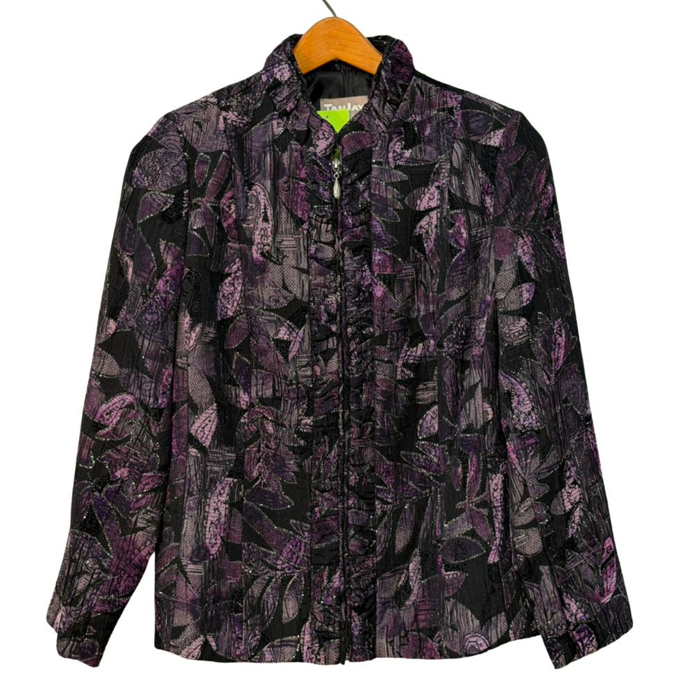 Tan Jay Petites 14P Dressy Jacket Ruffled Zip Front Lined Black Purple Brocade